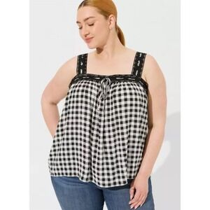 Torrid 3 Plus Size Black & White‎ Gingham Crochet Lace Trim Tank 3x 22-24
